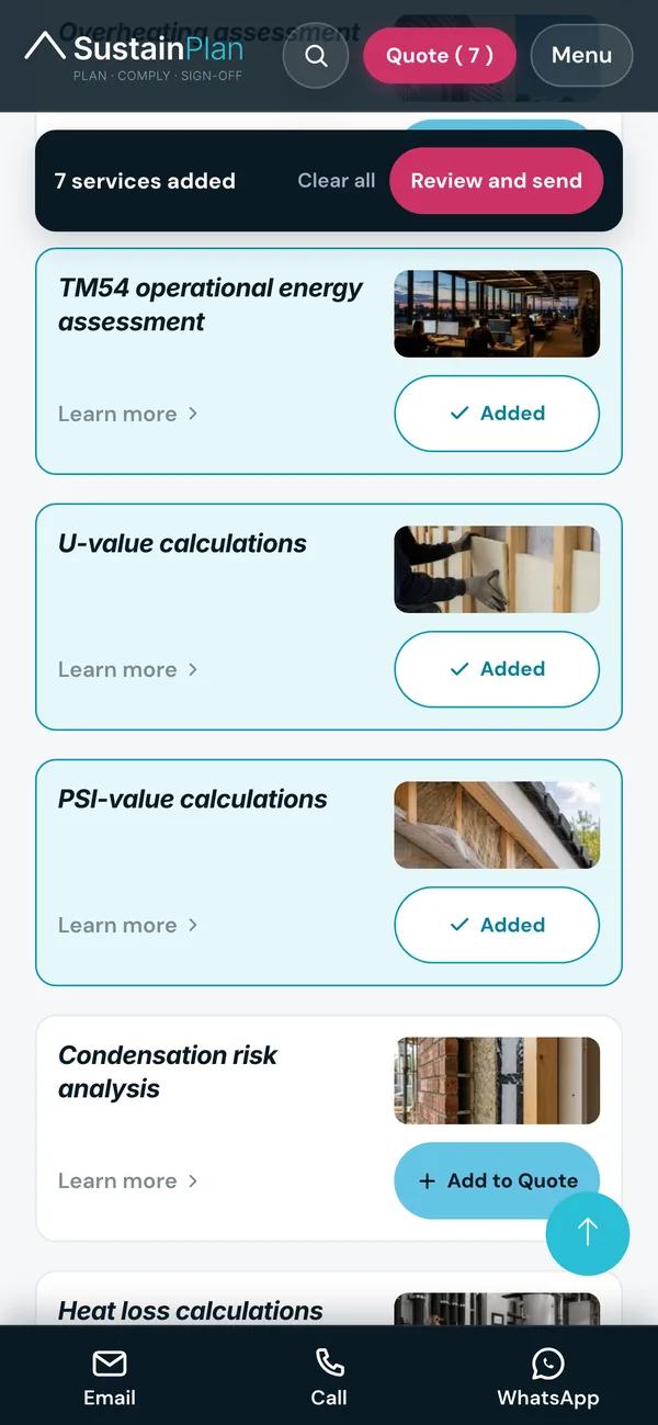 SustainPlan services page on a phone, with seven services added