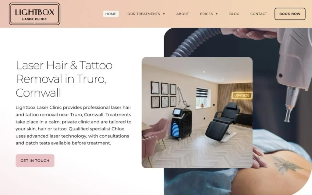 Lightbox Laser Clinic homepage including its navigation