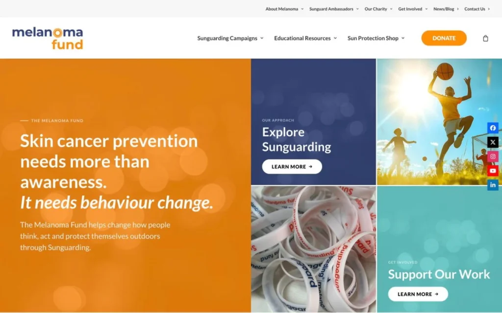 The Melanoma Fund homepage including its navigation