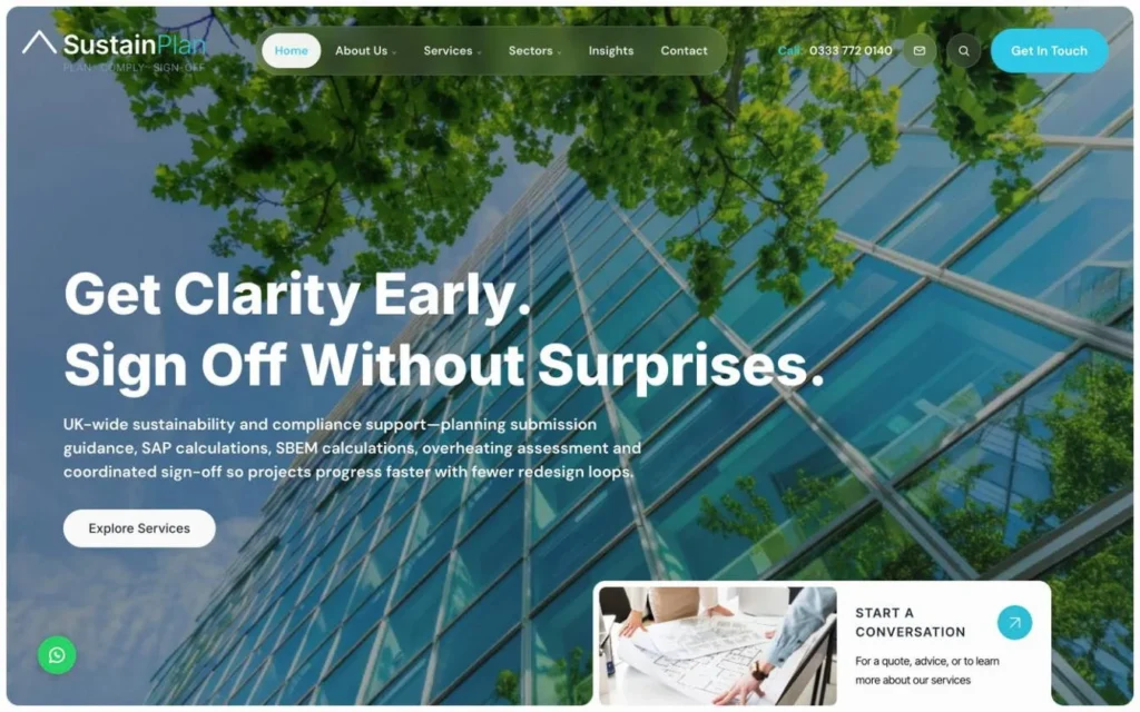 SustainPlan homepage including its navigation