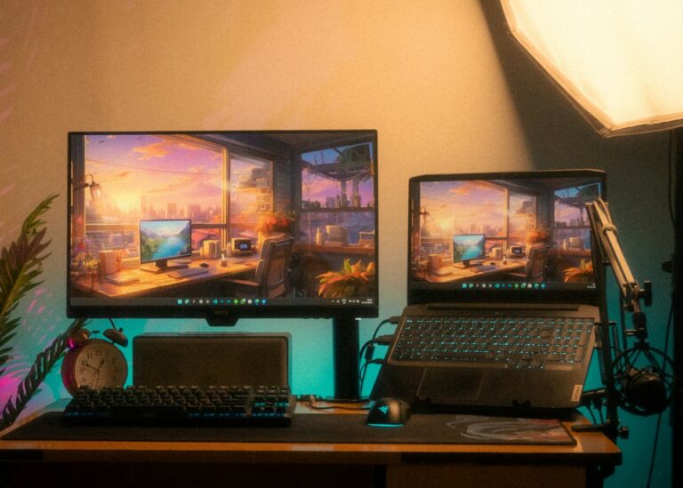 A two-screen desk setup used for design and development work